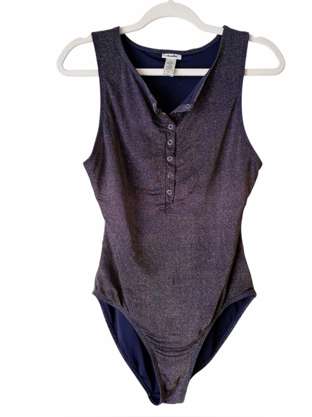 Andie | Malibu One Piece Swimsuit High Neck Snap Buttons Navy Glitter Medium